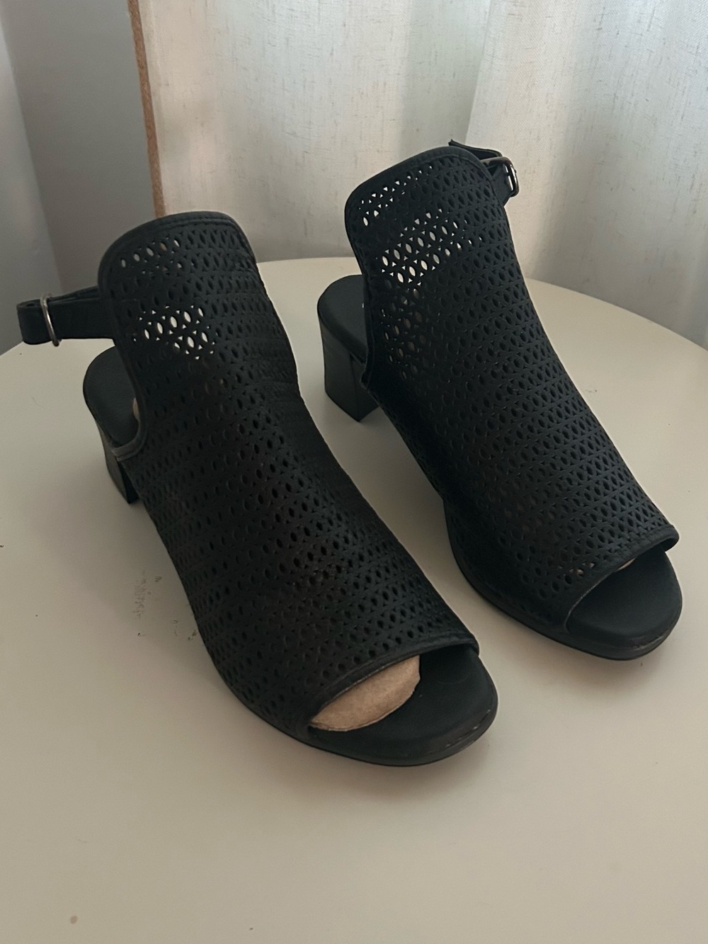 Eric Michael Black Perforated Slingback Block Heel Sandals
